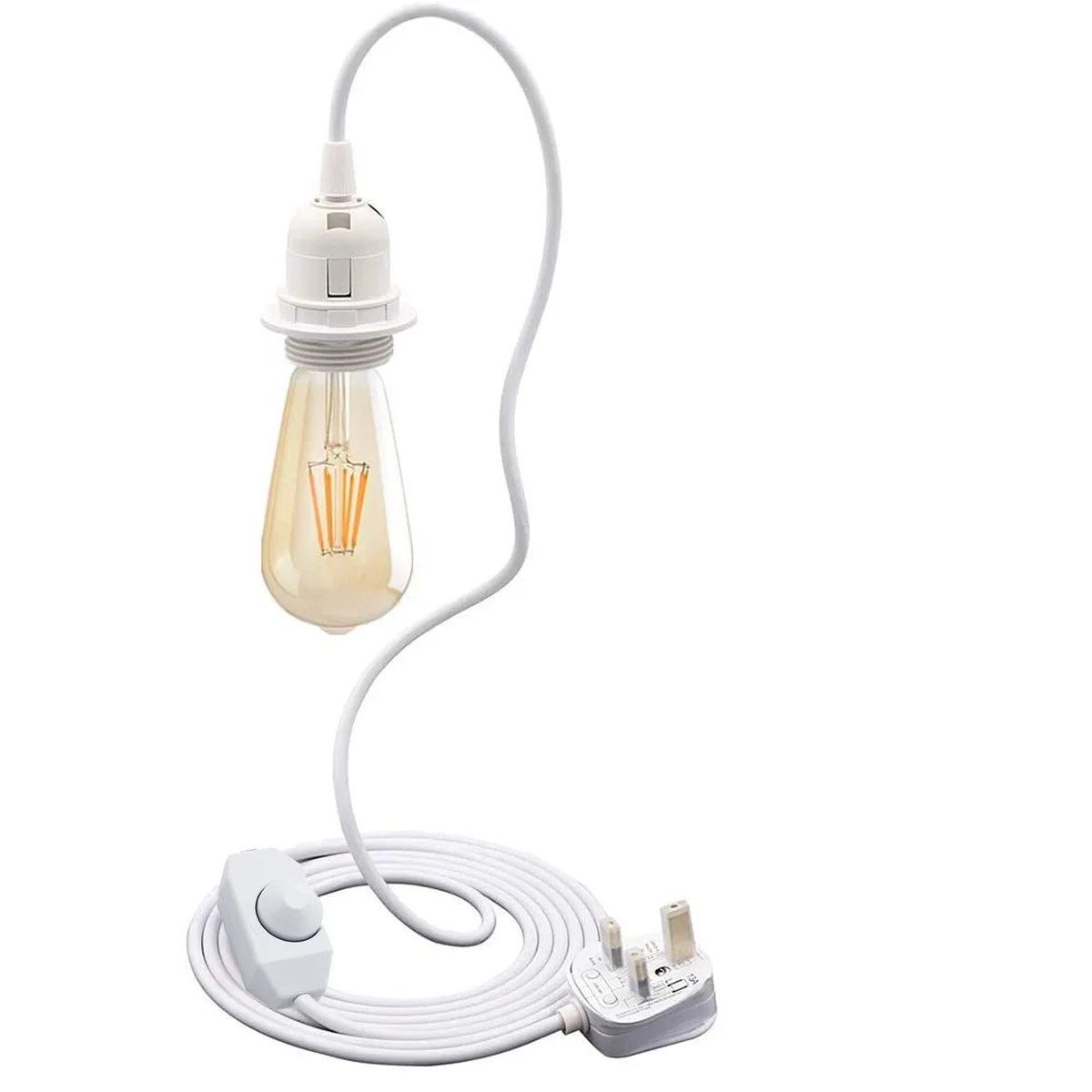 White UK plug pendant lamp with 4m rubber cable, dimmer switch, E27 fitting, and black 3-pin UK plug visible