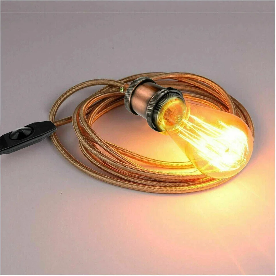 Rose gold vintage plug in pendant light with 4m fabric flex cable, inline switch, UK plug, and metal E27 bulb holder