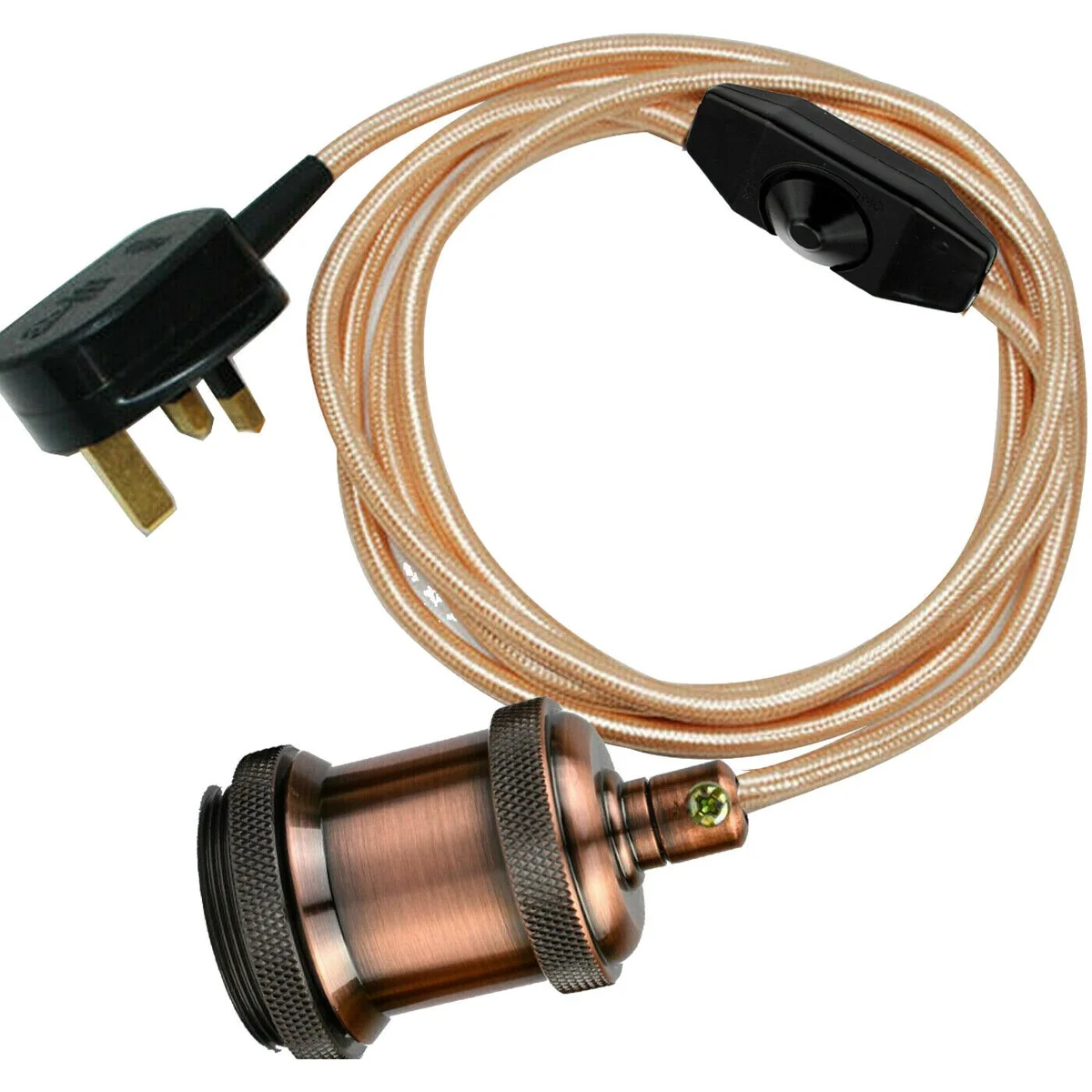 Rose gold fabric flex cable light with 4m fabric cord, inline switch, UK plug, and metal E27 bulb holder