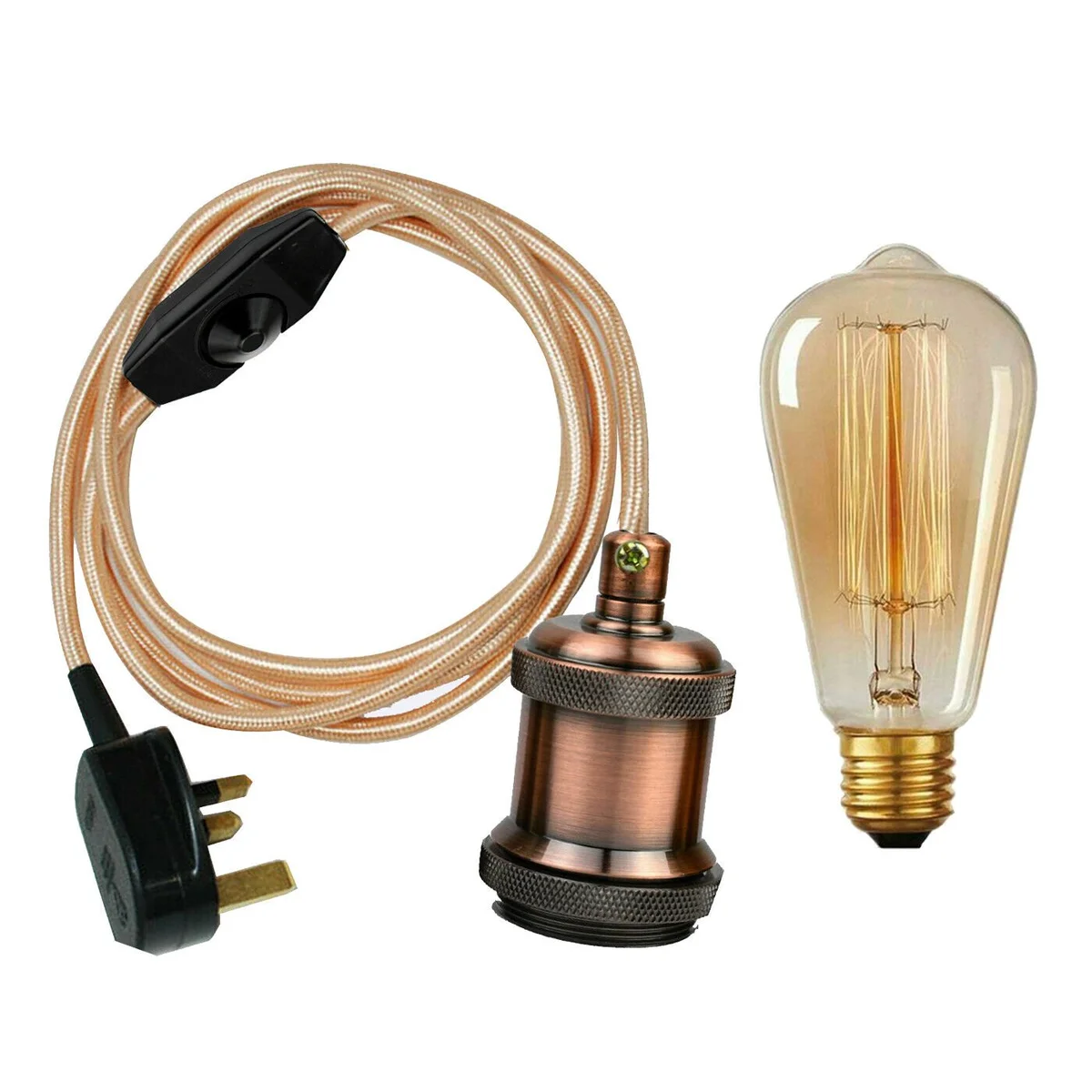 Rose gold E27 fitting pendant light with 4m rose gold fabric flex cable and UK plug, vintage style with inline switch