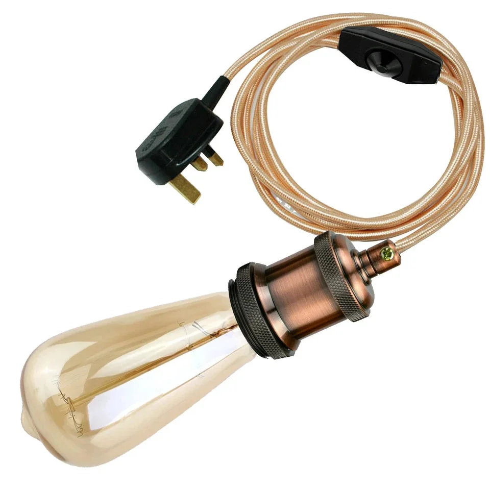 Rose gold pendant light with 4m fabric flex cable, inline switch, UK plug, and metal E27 screw bulb holder