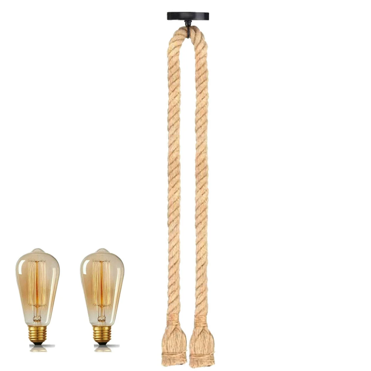 Vintage hemp rope ceiling pendant lamp with industrial style lighting, natural colour, hanging in rustic room setting