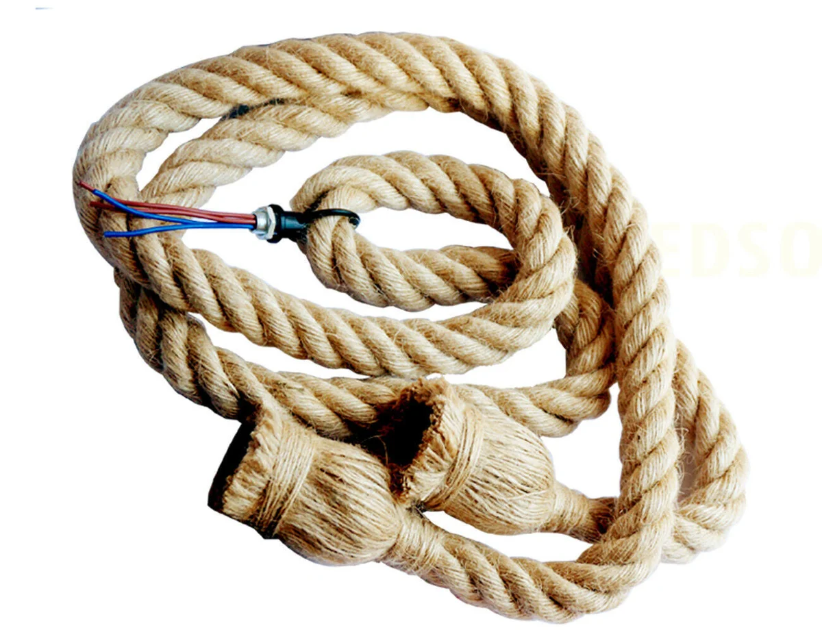 Natural hemp lamp pendant light with vintage rope design hanging against plain background, suitable for E27 bulb use