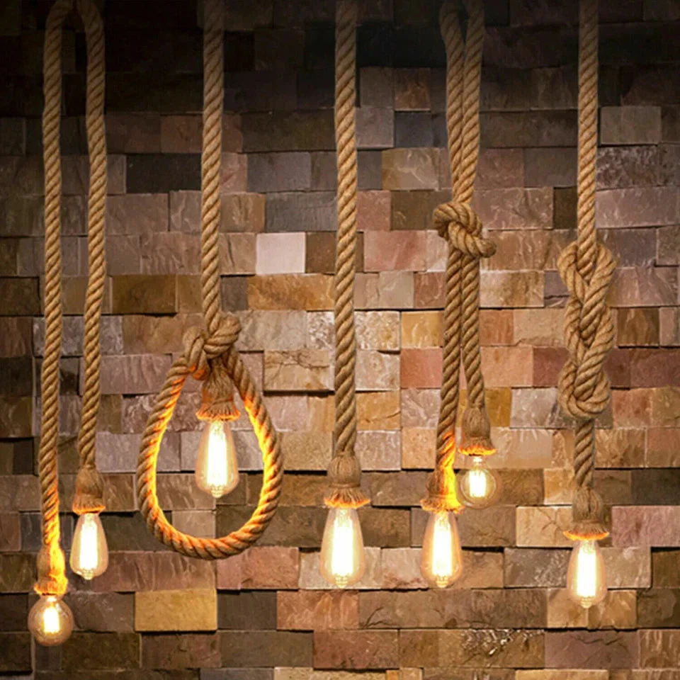Country vintage style hemp rope pendant light with metal base, hanging from ceiling, suitable for E27 bulbs