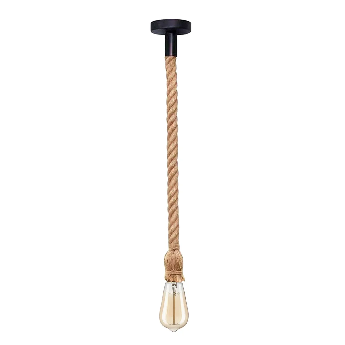 Vintage style hemp rope pendant light with twisted natural rope and metal fittings hanging from ceiling