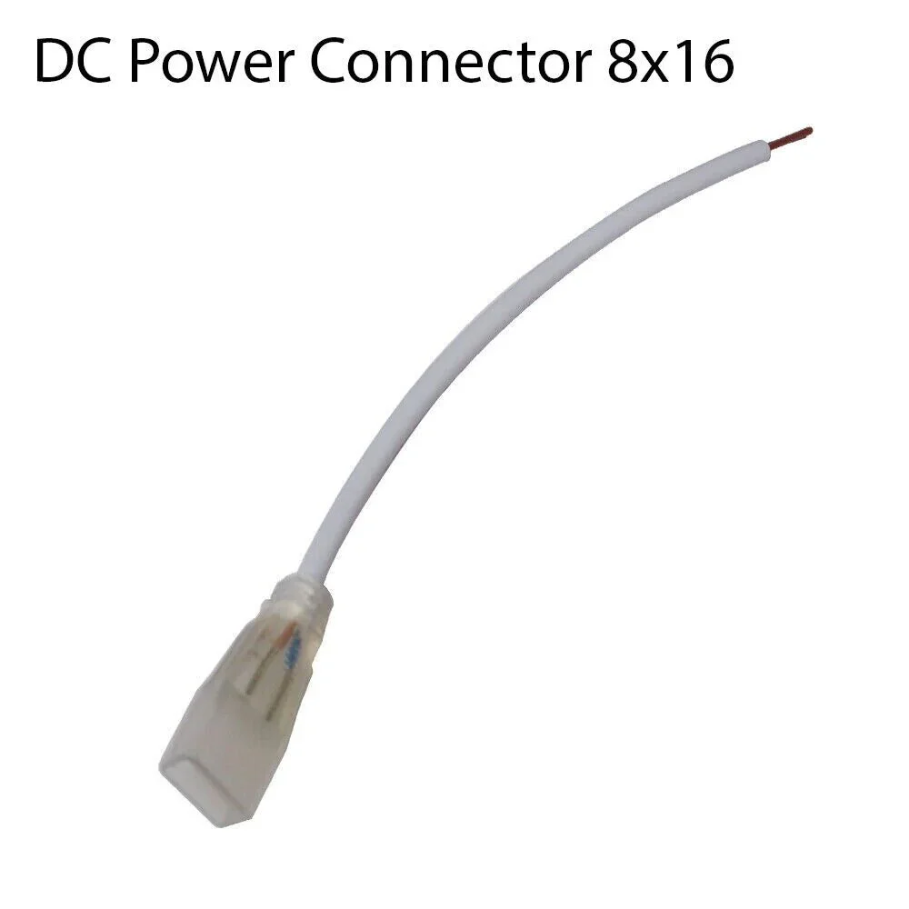 DC power connector for LED neon flex accessories, black rectangular plug with metal pins on white background