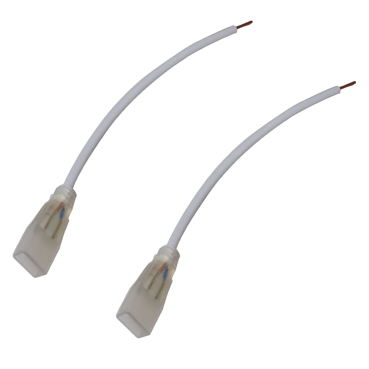 DC power connector for LED Neon Flex Tube Rope Light accessories with black and red wires on white background