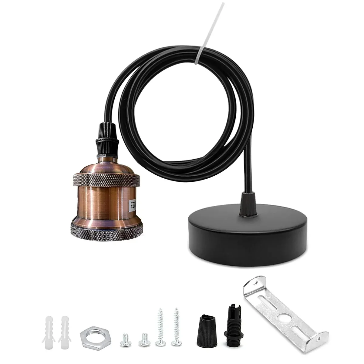 Vintage brass pendant light with metal holder and adjustable round PVC cable, suitable for indoor ceiling mounting