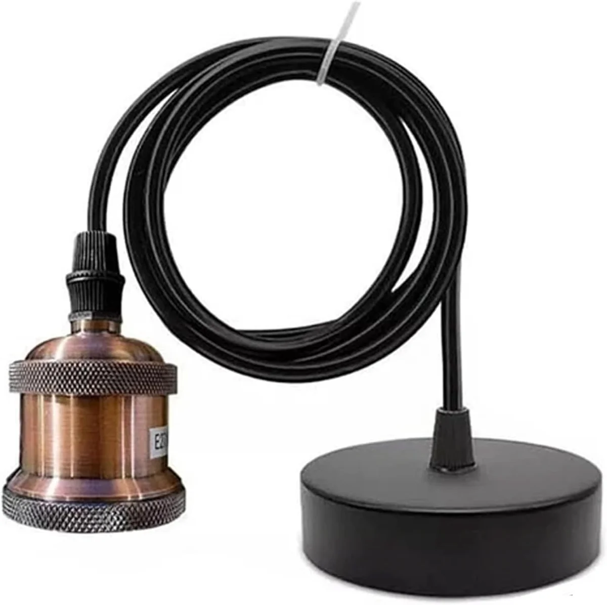 Vintage brass pendant light with adjustable round cable and metal E27 bulb holder against a white background