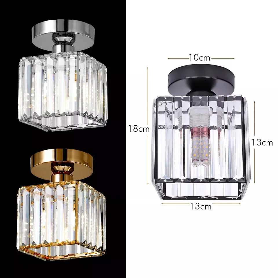 Set of two small square flush mount ceiling lights with metal cage and faceted crystal accents, modern industrial style