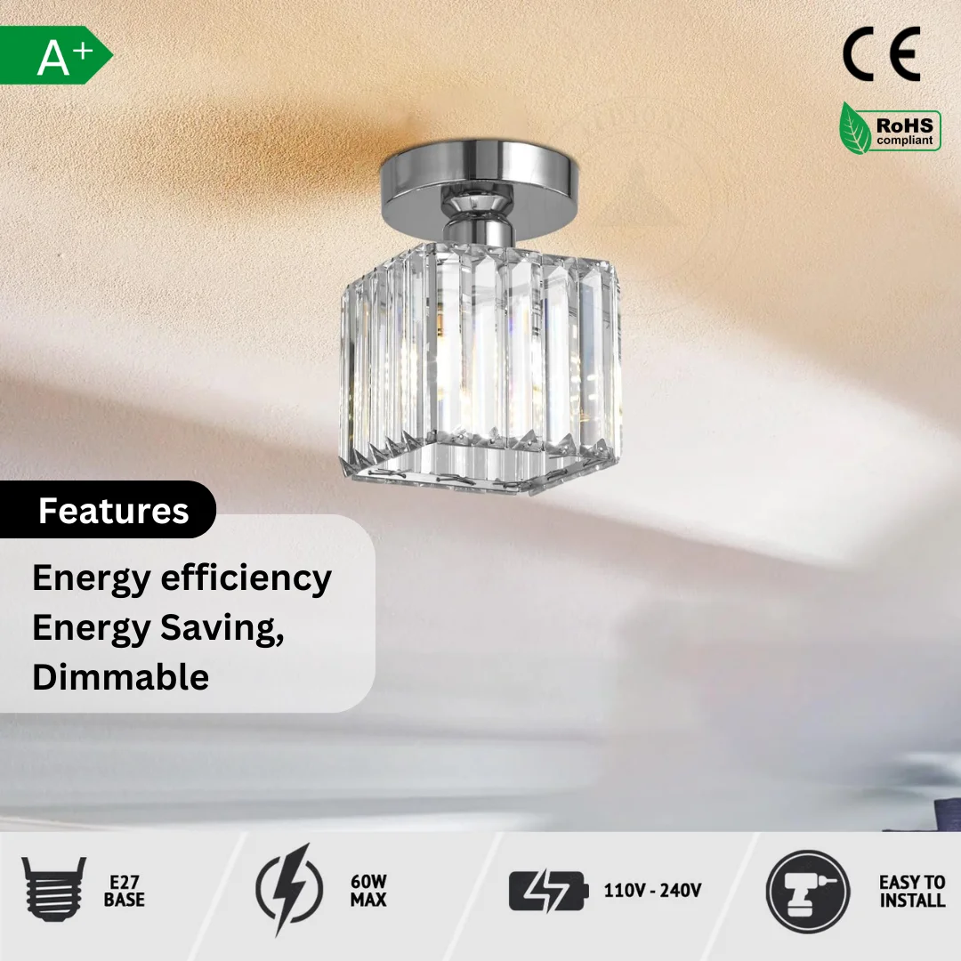 Two small square E27 crystal chandeliers with metal cage design mounted flush to ceiling, showing crystal details and hardware