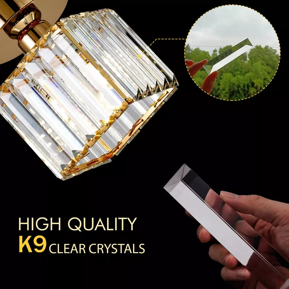 Two small square semi flush ceiling lights with metal cage frames and faceted crystal accents on white ceiling