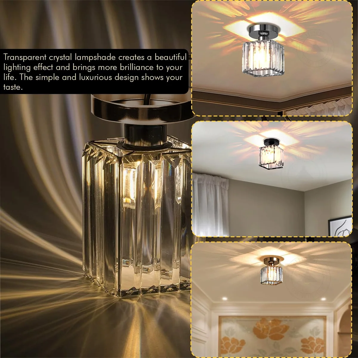 Two small square crystal flush mount industrial metal ceiling lights with faceted crystals and open cage design installed on ceiling