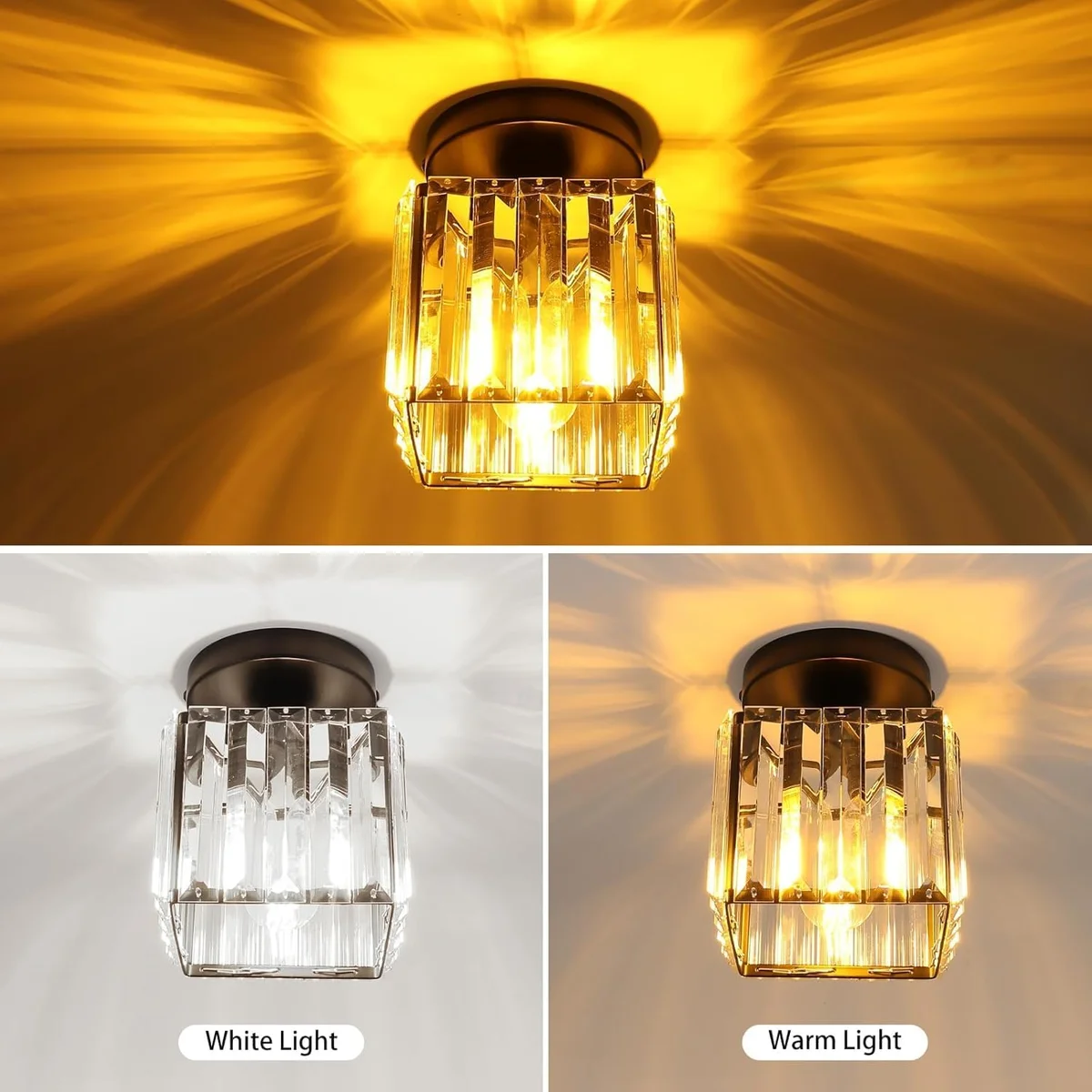 Two small square crystal ceiling lights with metal cage design mounted flush on ceiling, showcasing elegant crystals