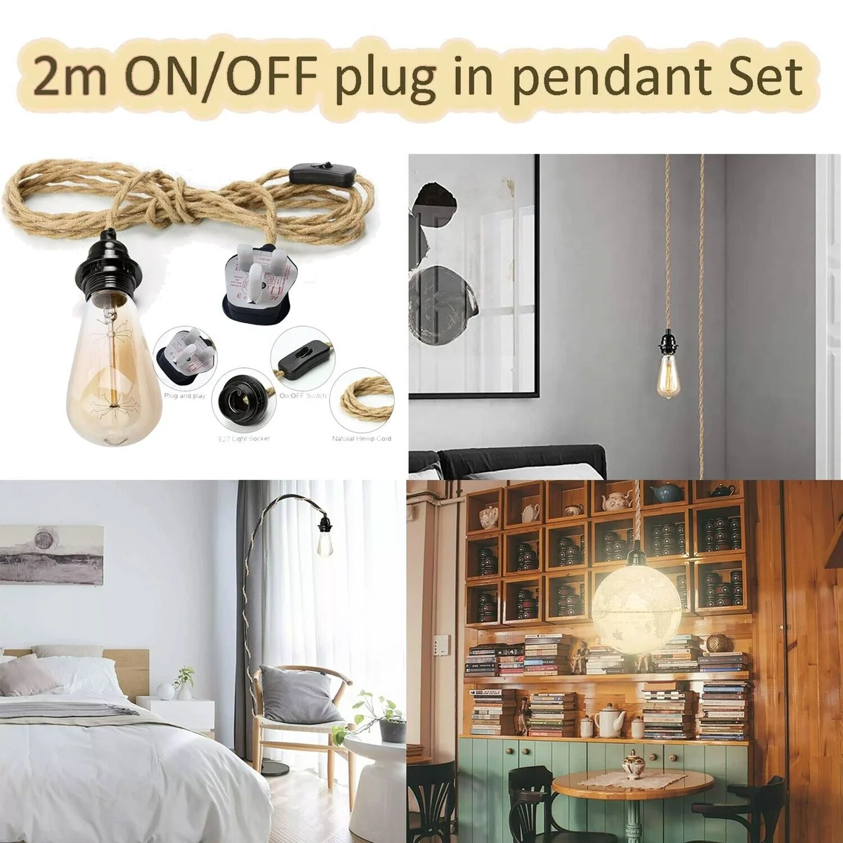 Twisted hemp rope pendant light kit with UK plug and 2m fabric cord, E27 fitting, rustic indoor lighting accessory