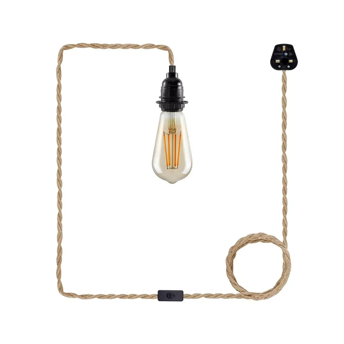 Twisted hemp rope plug in pendant light with UK plug and E27 fitting, 2m fabric cord, rustic indoor lighting kit