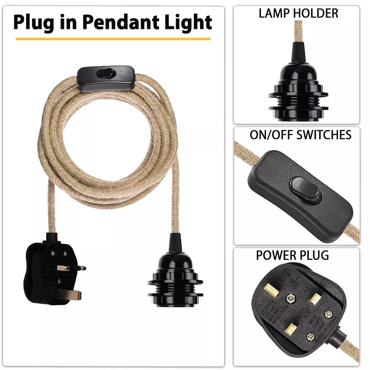 Hemp pendant light kit with 100cm round hemp rope and UK E27 plug, suitable for indoor desk or side lamp use