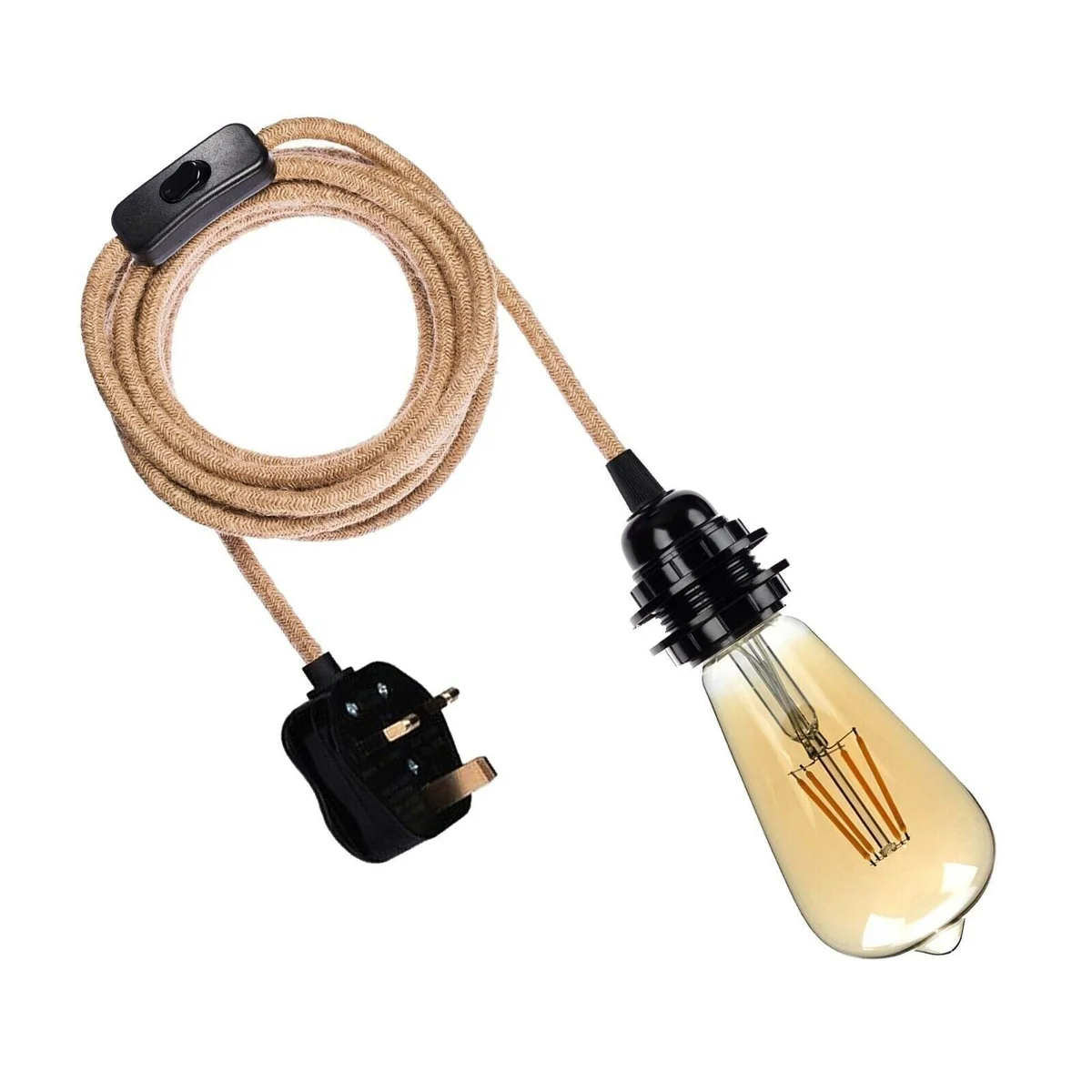 Round hemp rope UK plug pendant light with E27 fitting and on/off switch, 100cm cord length, indoor use
