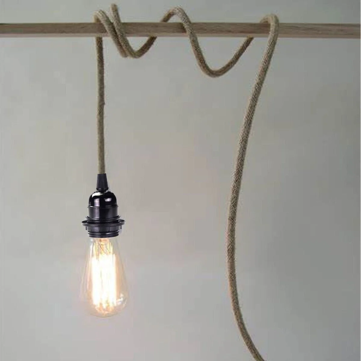 Close-up of hemp rope light pendant kit with UK plug and E27 fitting, showing natural hemp texture and cord details