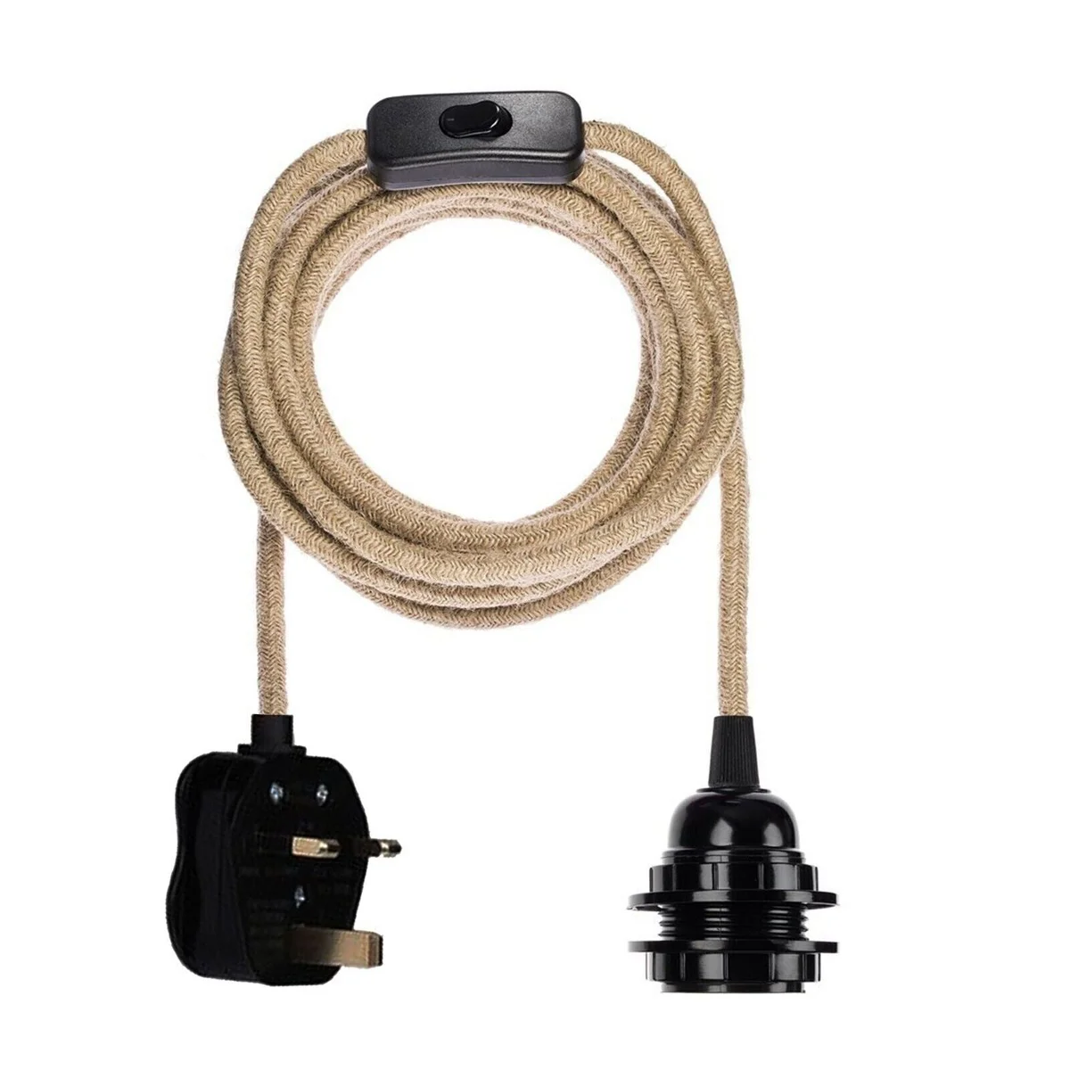 Hemp pendant light kit with 100cm round hemp rope and UK plug, suitable for E27 bulbs, shown hanging indoors