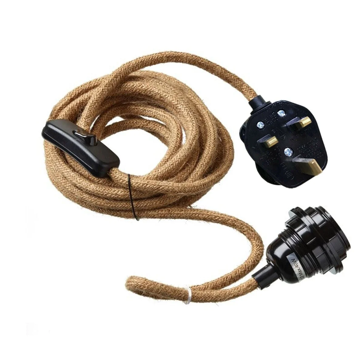Hemp pendant light kit with UK plug, E27 fitting, long hemp rope cord and on/off switch for indoor use