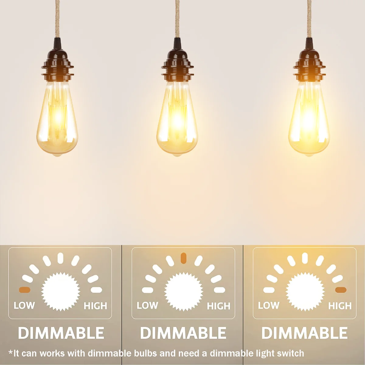 Hemp pendant light kit with 100cm round hemp rope and UK plug, suitable for E27 bulb, indoor use, on/off switch