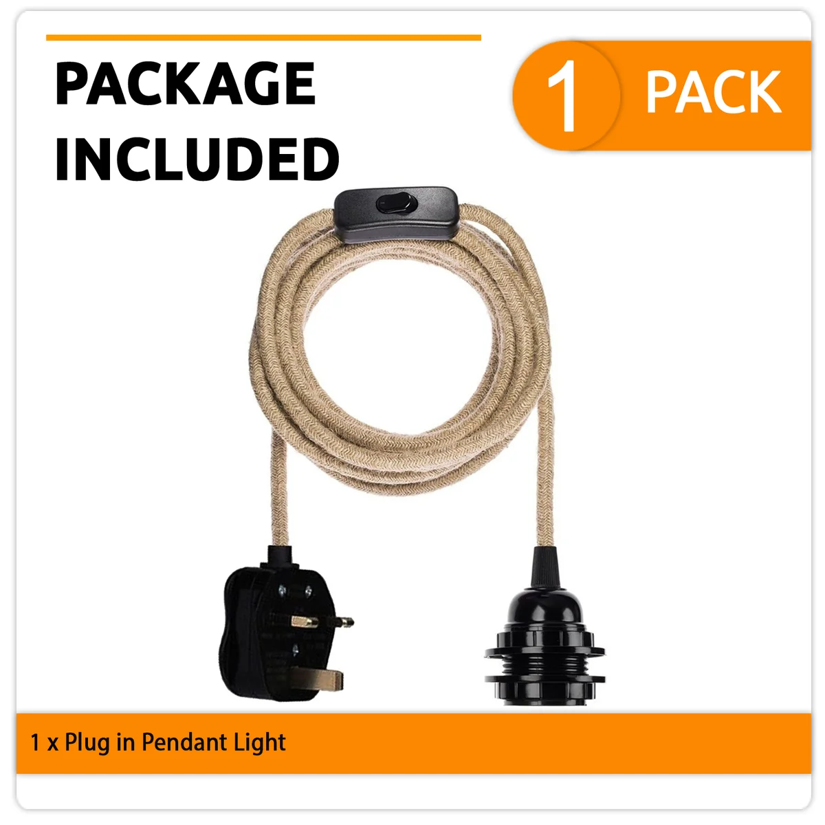 Hemp pendant light kit with round hemp rope cord, UK plug, and E27 fitting, ideal for indoor desk or side lighting