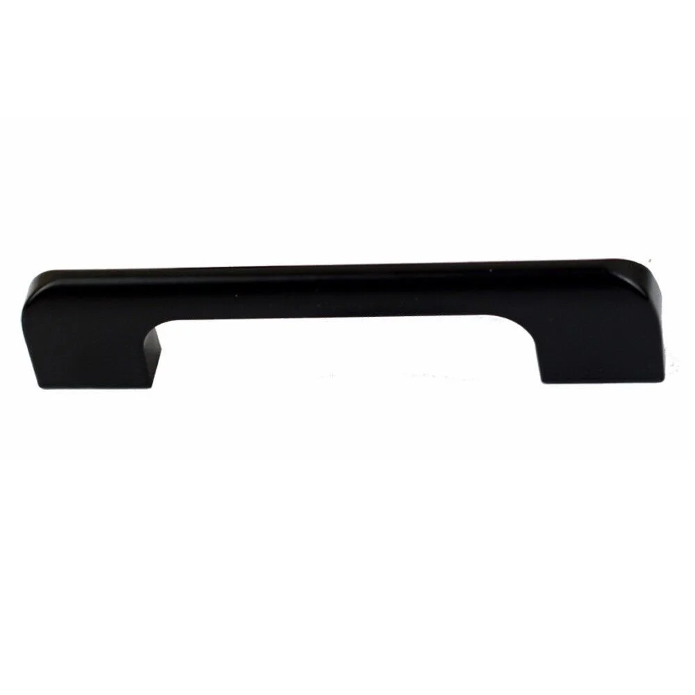 Matte black vintage-style kitchen cupboard handle with sleek metal design, shown mounted on wooden cabinet door