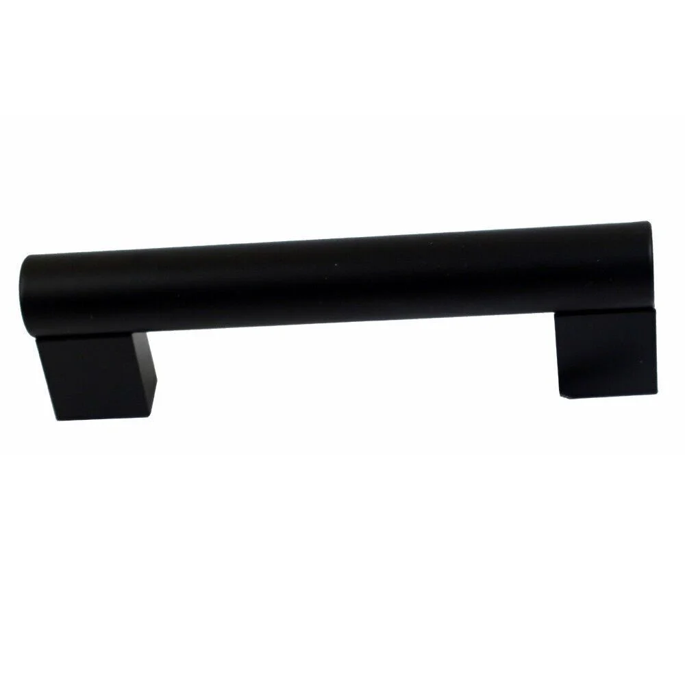 Matte black drawer pull handle installed on wooden kitchen cabinet door, showcasing sleek vintage metal design