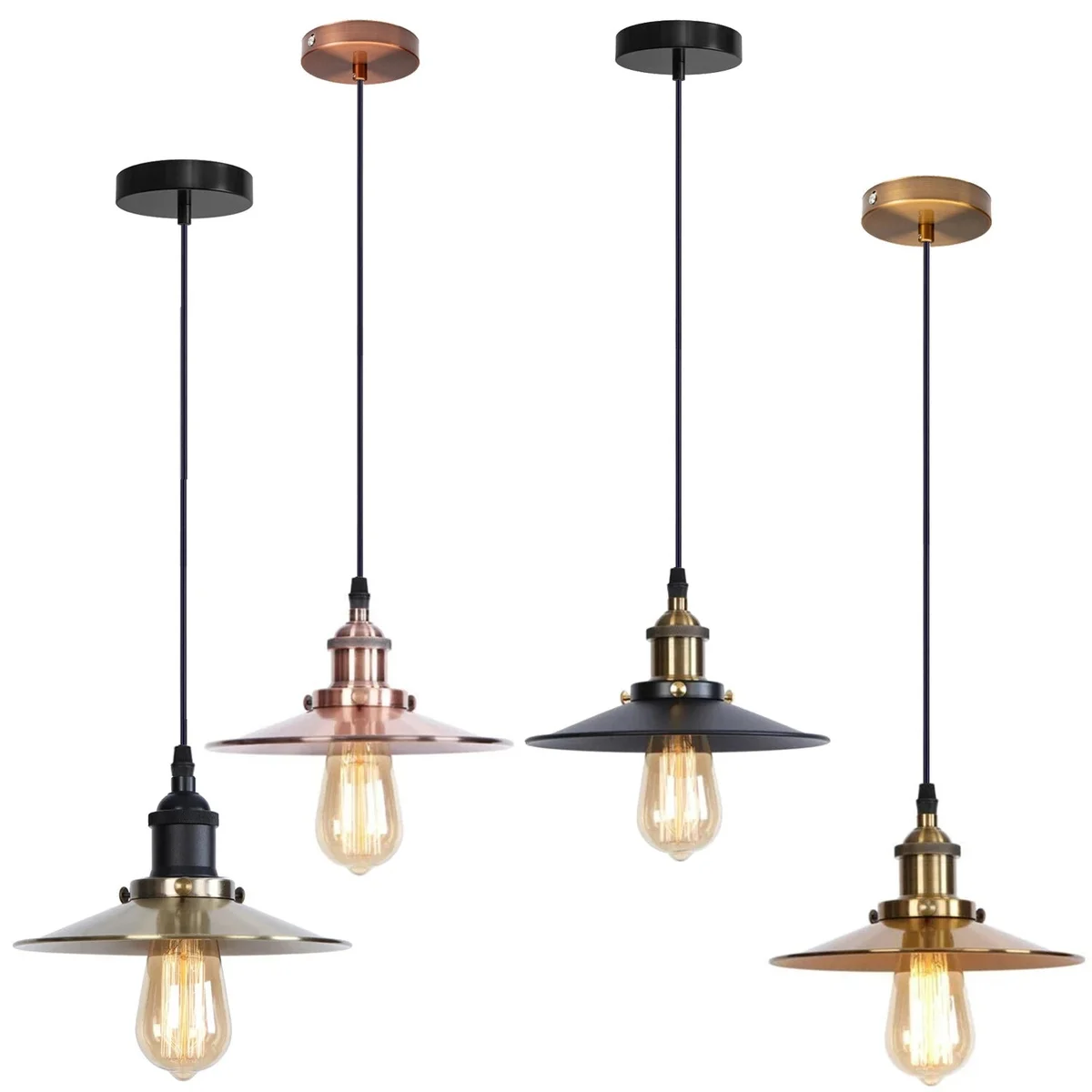 Vintage pendant lights with flat metal shade, hanging retro style lamp with 95cm cable and E27 base in metal and PVC materials
