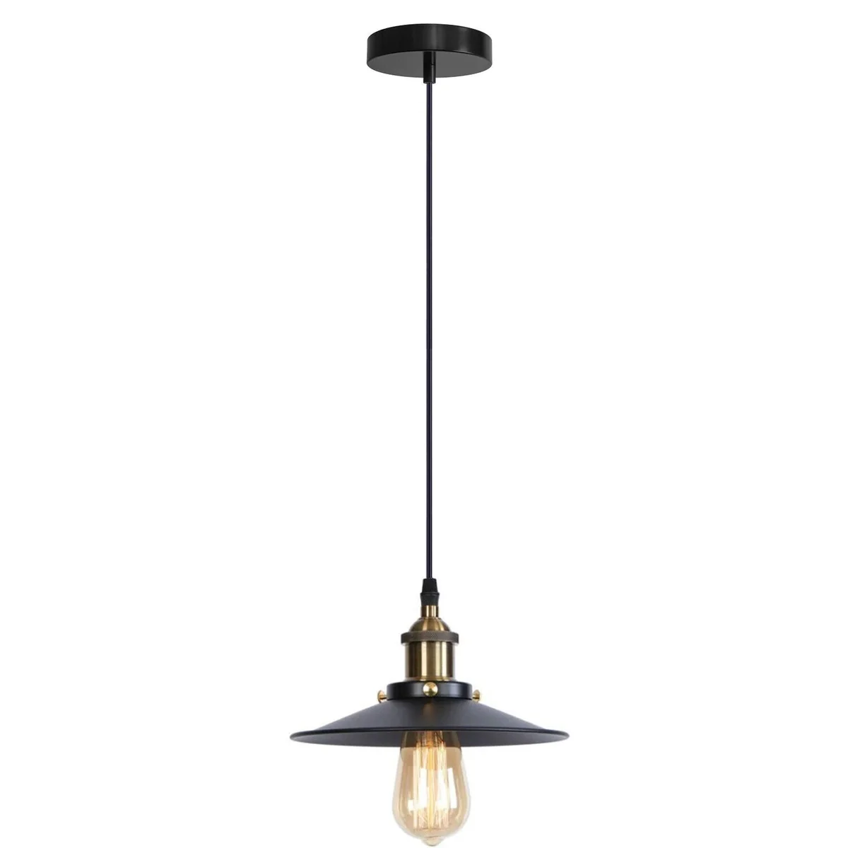 Metal flat shade pendant light with minimalist design, hanging lamp with 95 cm cable and E27 base for indoor use