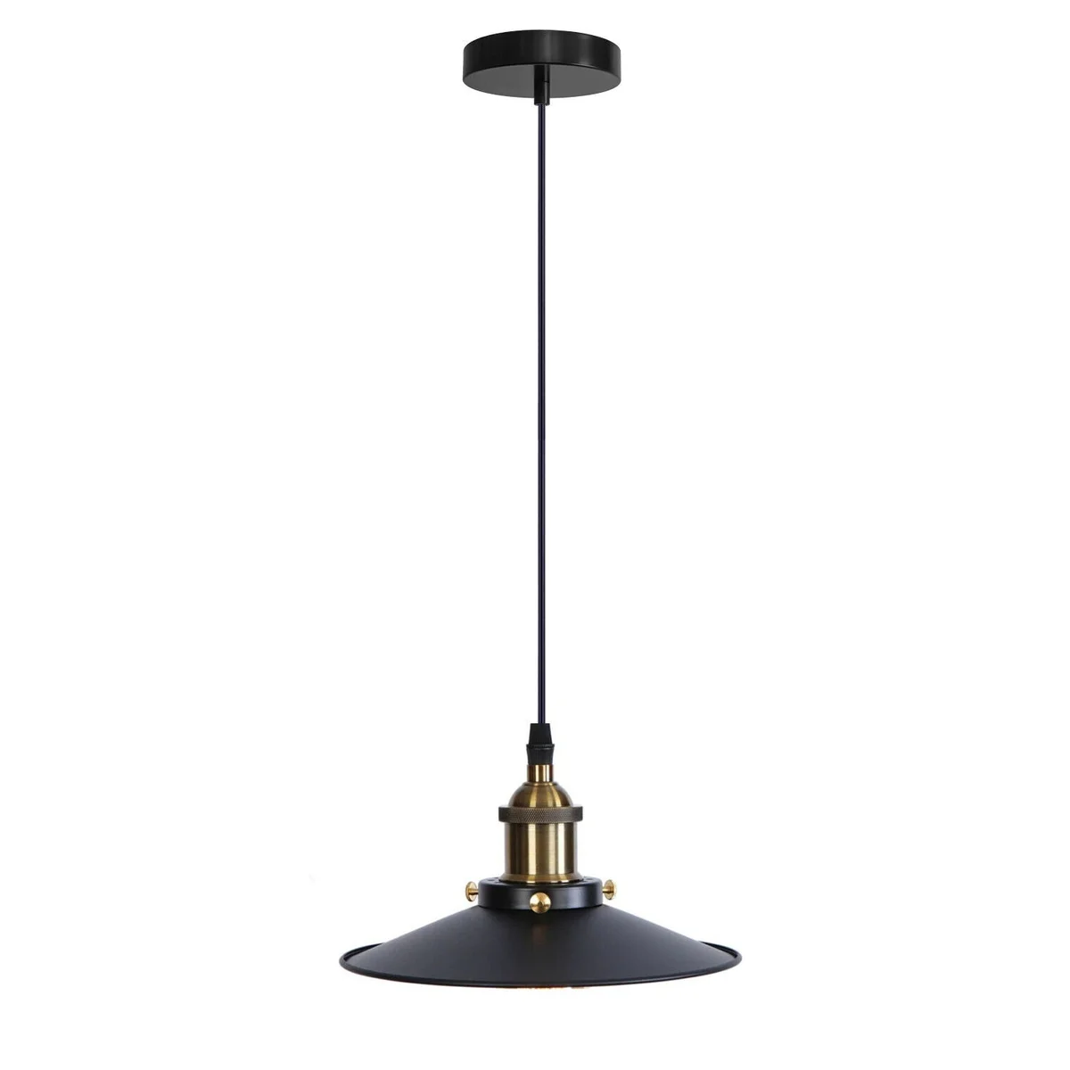 Metal hanging lamp with flat, shallow shade in vintage style, suspended by 95 cm cable, suitable for E27 bulb.