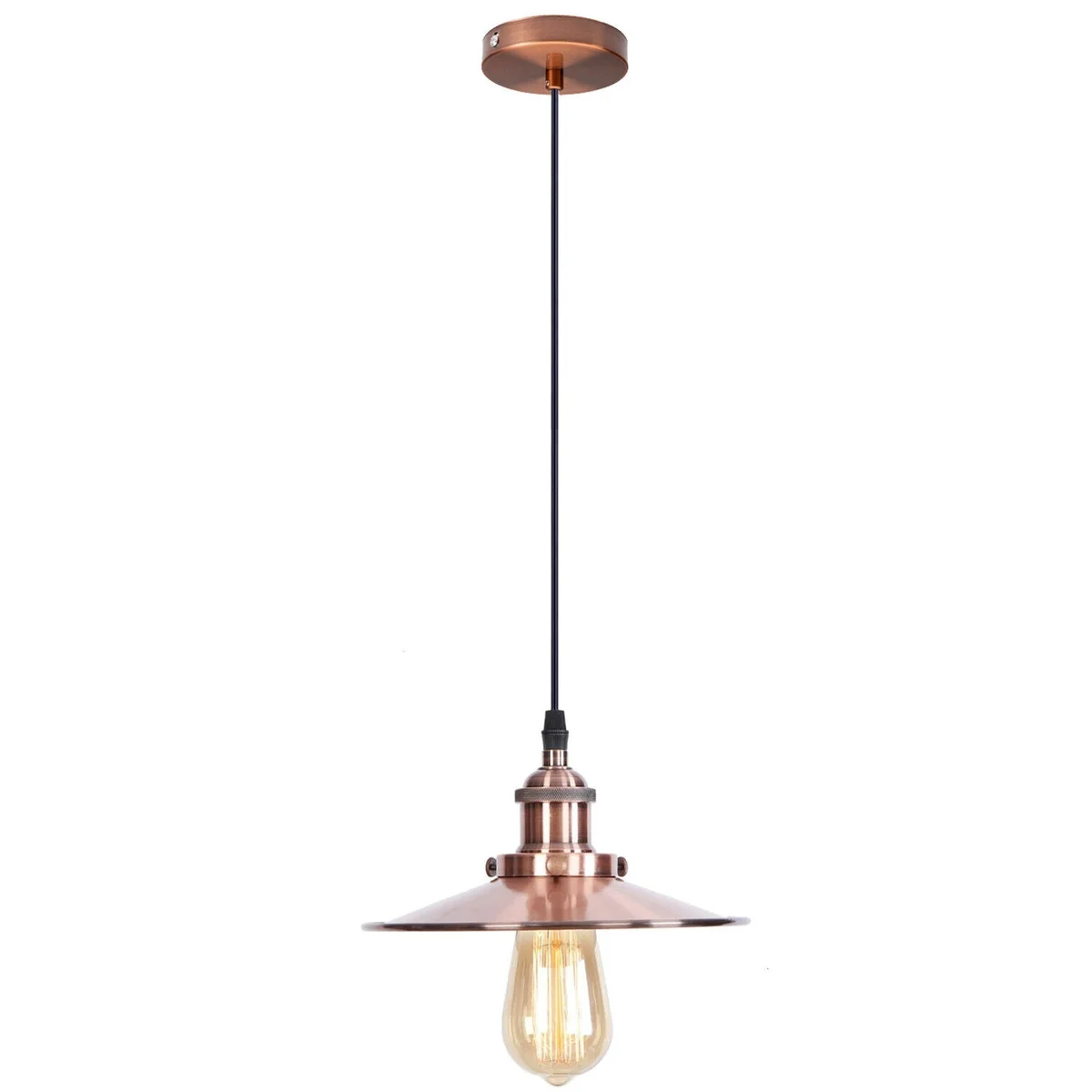 Metal flat shade retro ceiling light hanging from ceiling with black cable and minimalist design against white background