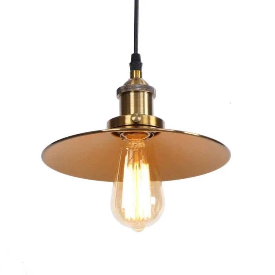 Vintage pendant lights with flat metal shade hanging from ceiling, showing 95 cm cable and minimalist design in metal finish