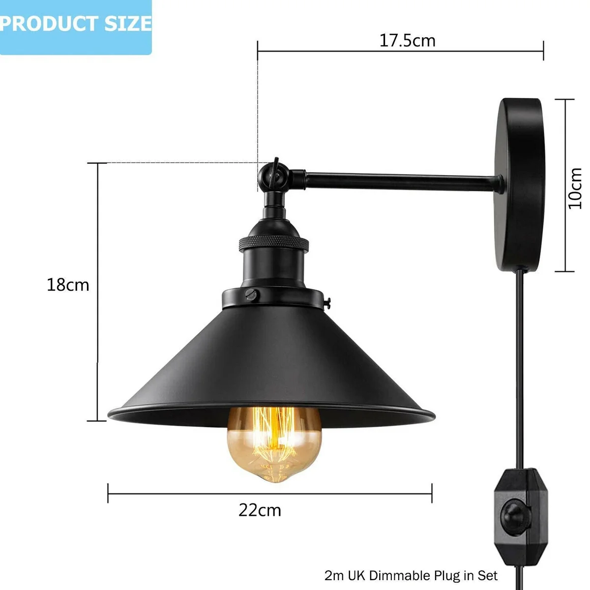 Black metal wall light with adjustable arm and cone shade, plug-in design with UK plug and mounting hardware visible