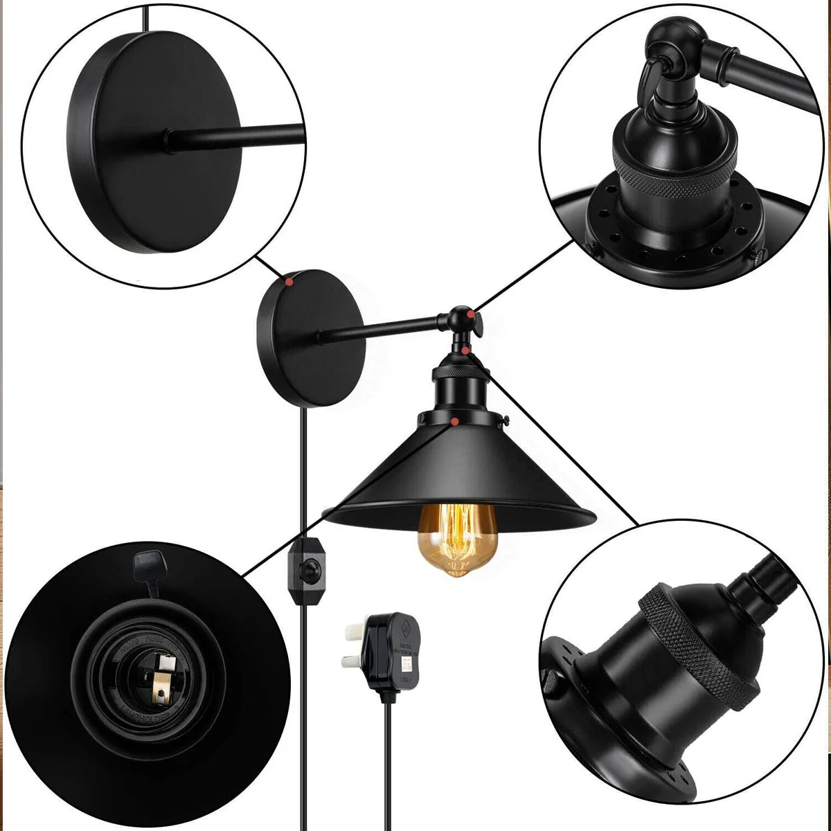 Black industrial cone shade wall sconce with adjustable arm, metal finish, plug-in design, and UK plug attached to wall