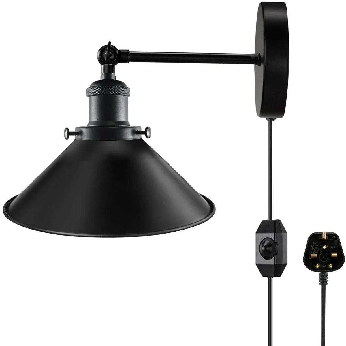 Black industrial adjustable arm vintage style wall lights with cone shade and plug-in cord on white background