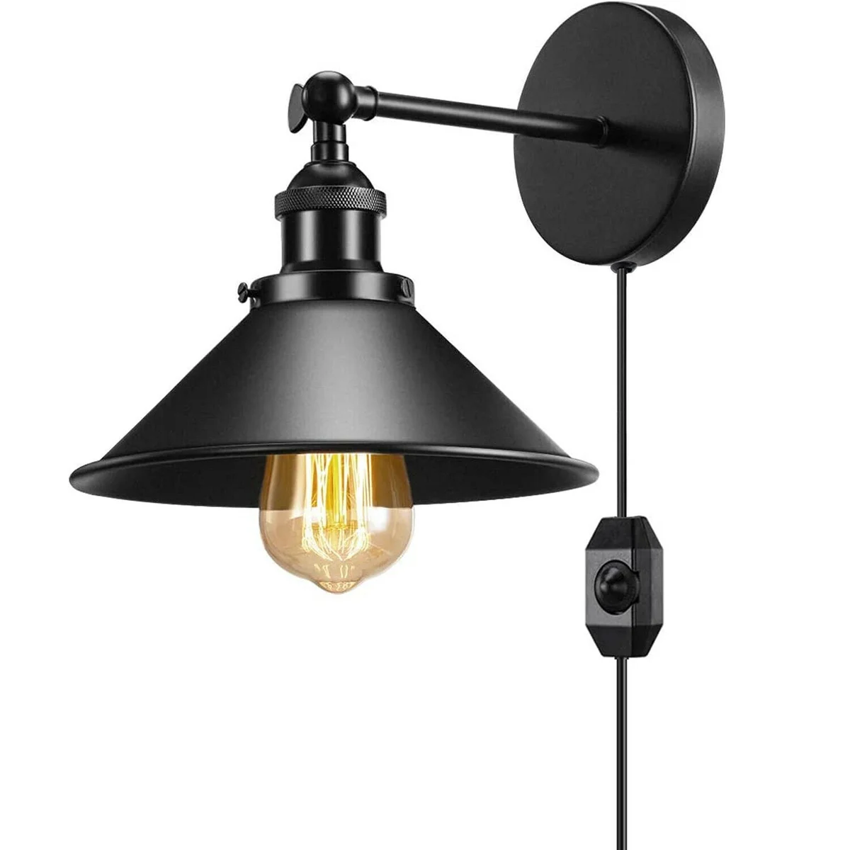 Black industrial wall lights with adjustable arm and cone shade mounted on a white wall, plug-in style with visible cable