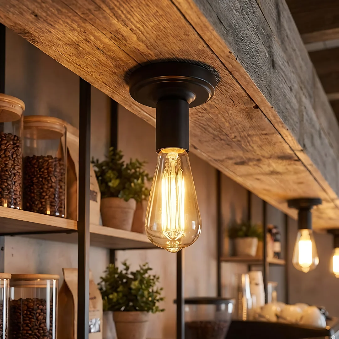 Black ceiling lamp with metal E27 light bulb holder and round ceiling plate, suitable for vintage bulbs.