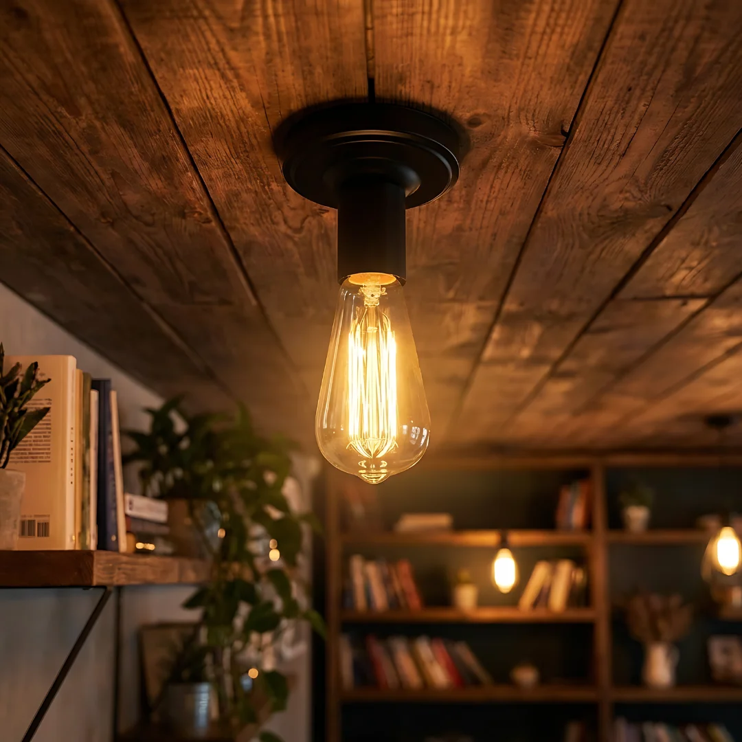 Black metal ceiling lamp with E27 light bulb holder and round ceiling plate, suitable for vintage bulbs.