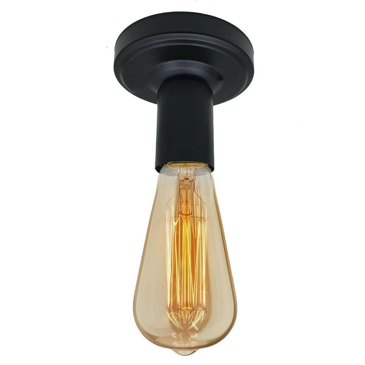 Black single lamp holder with E27 base and metal ceiling plate, suitable for vintage or LED bulbs, shown assembled and installed