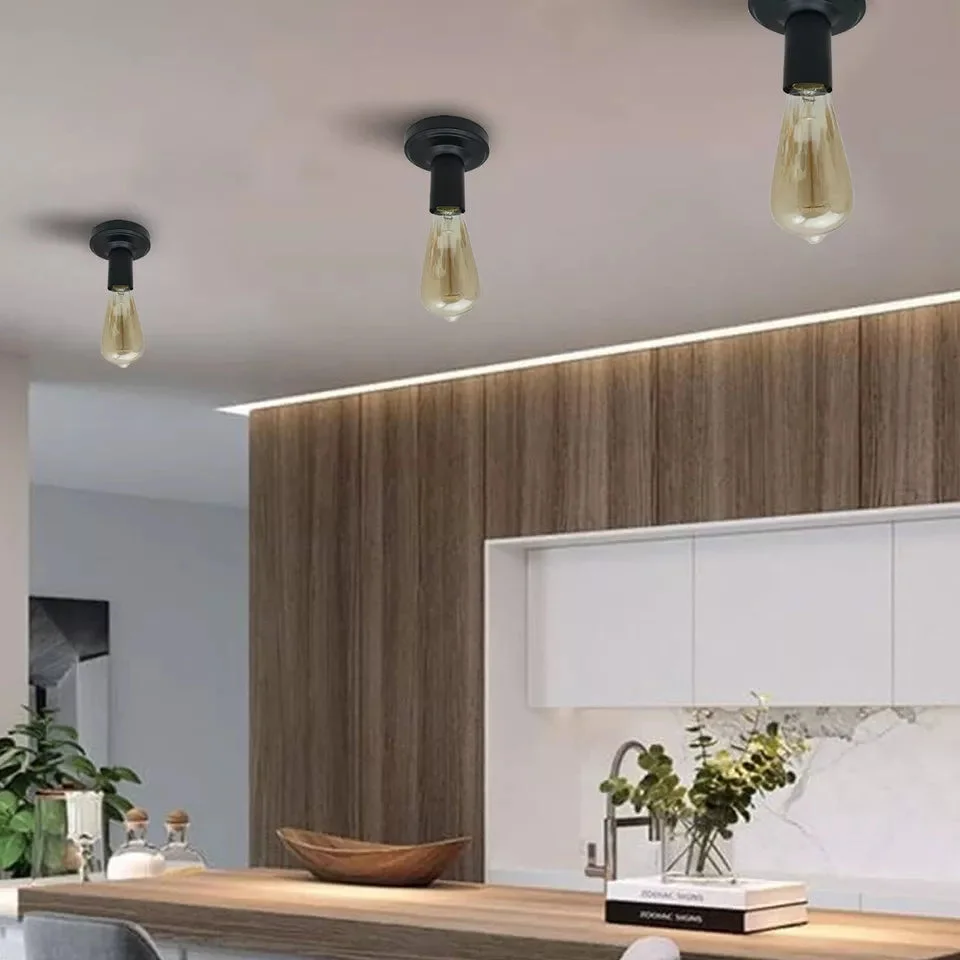 Black ceiling lamp with metal E27 light bulb holder and round ceiling plate, suitable for vintage bulbs and warm lighting