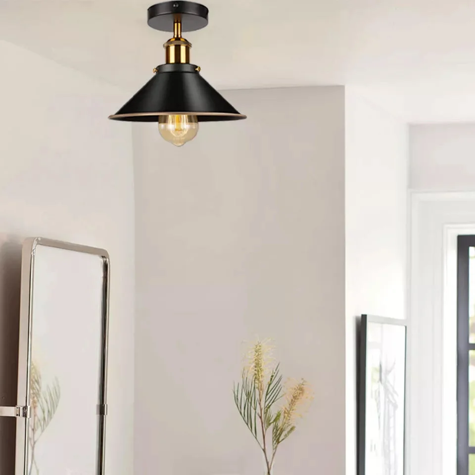 Black gold vintage flush mount ceiling light with metal cone shade and yellow brass finish, ideal for indoor use