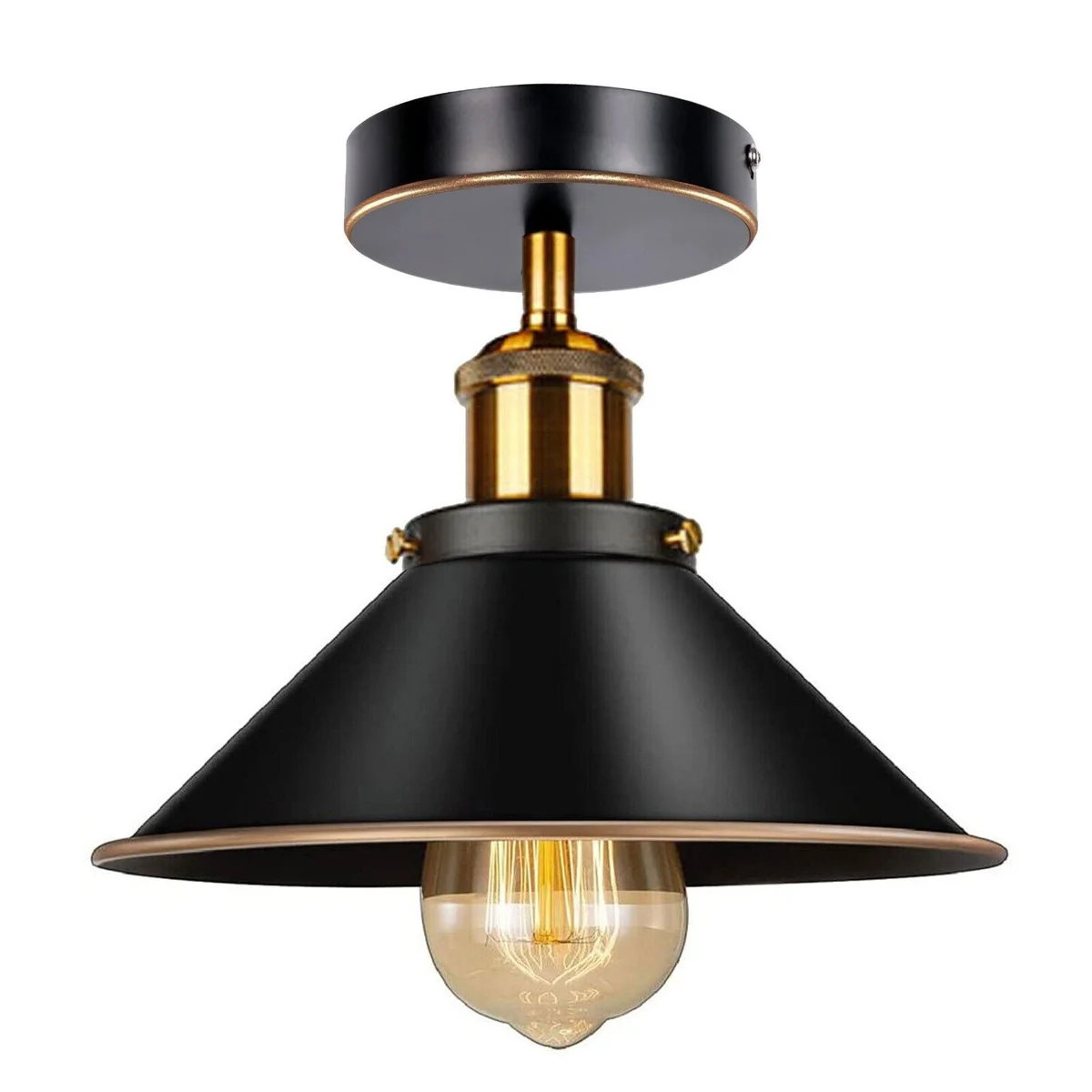 Black gold line industrial cone pendant light with metal cone shade and brass finish, flush mount ceiling fixture