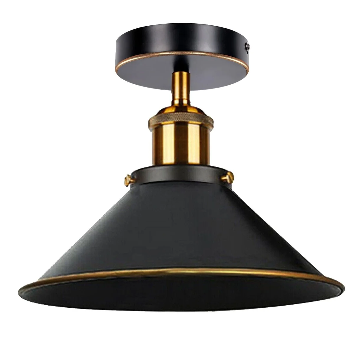 Black gold ceiling lamp with metal cone shade, flush mount design, and yellow brass finish for vintage industrial decor