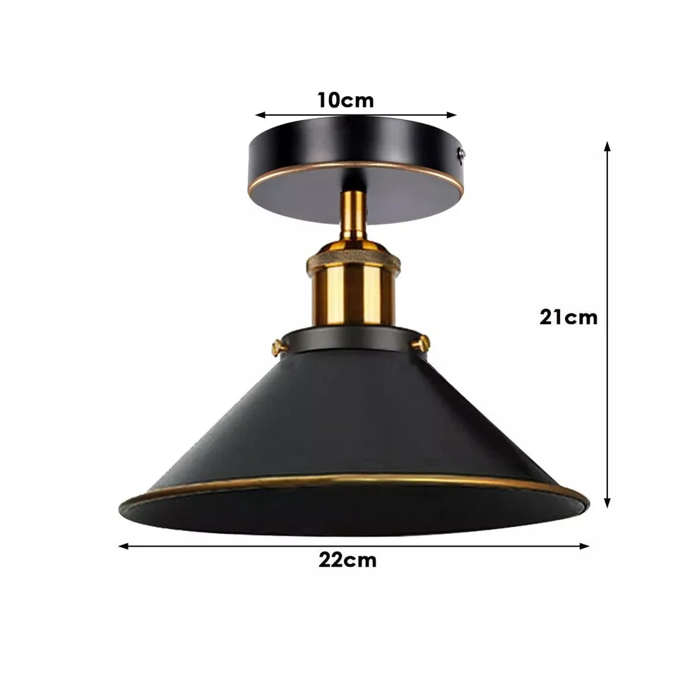 Black gold line metal cone lampshade flush mount ceiling light with yellow brass finish, ideal for vintage decor