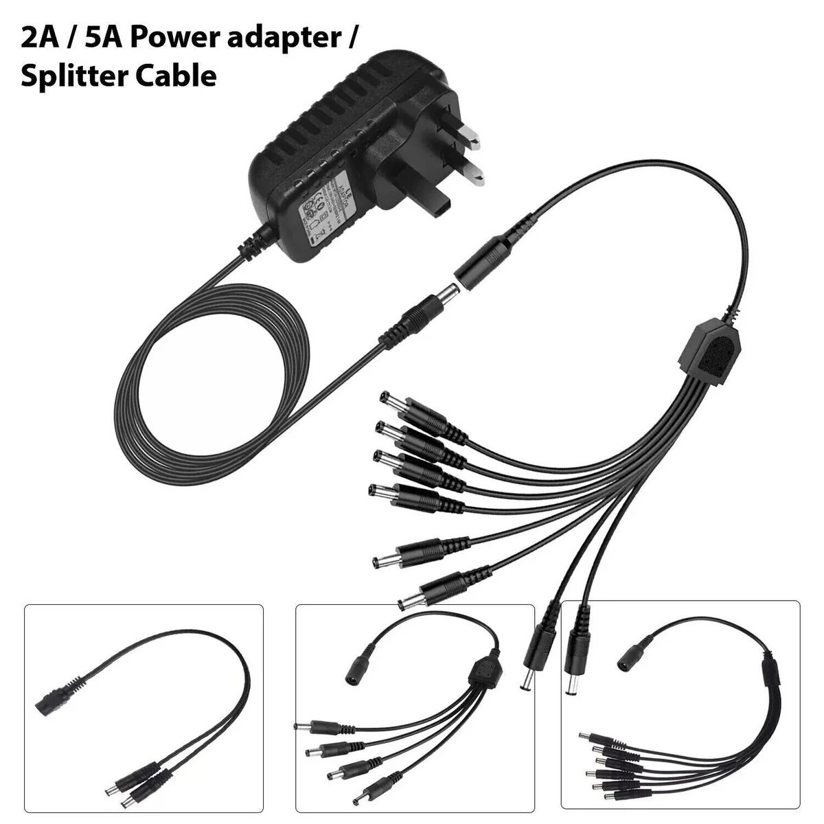 12V power splitter cable with multiple output connectors and UK plug for CCTV cameras and LED strips, 90cm length, black plastic casing