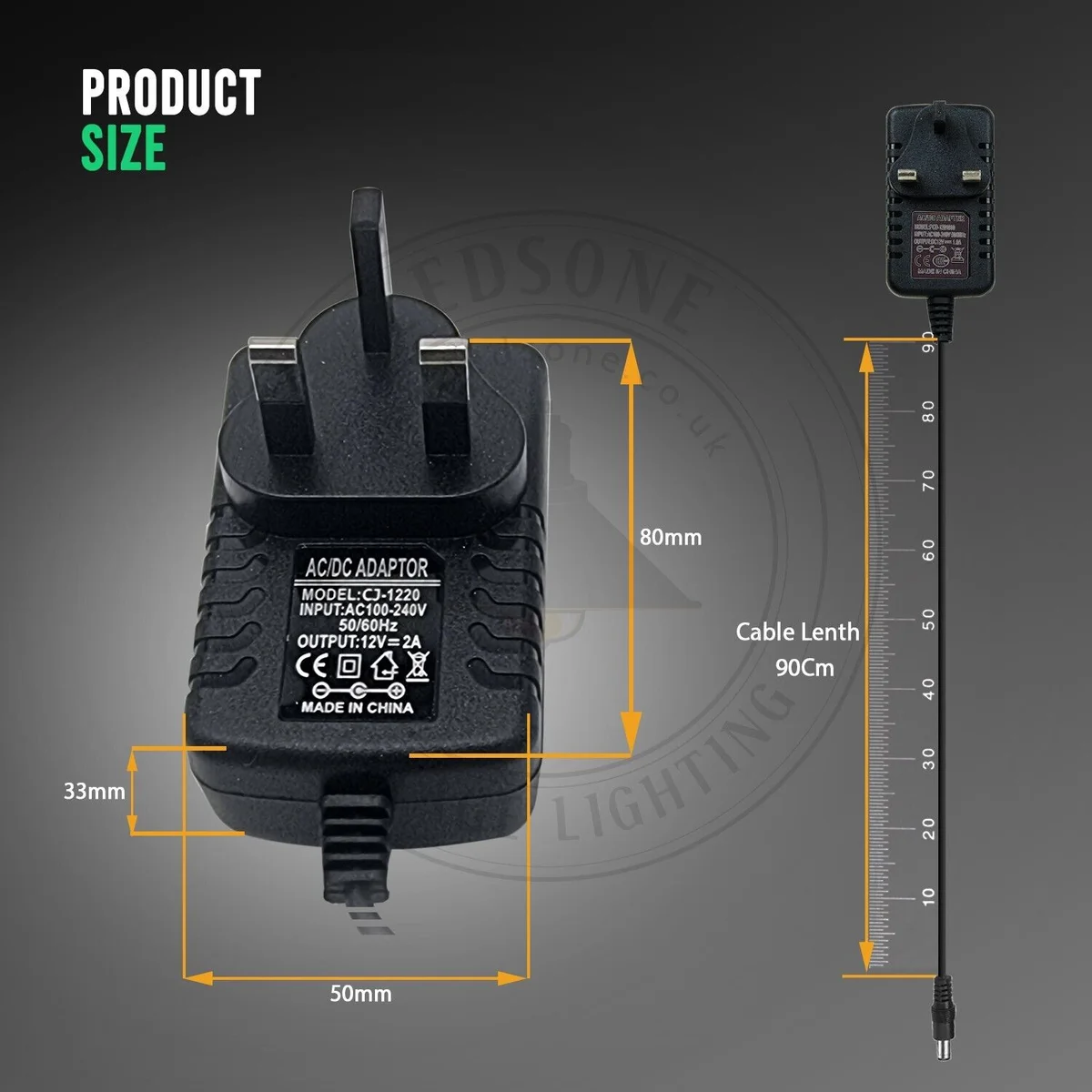2/4/6/8 way splitter cable with UK plug power adapter for 12V 5A devices, black plastic housing and multiple output jacks