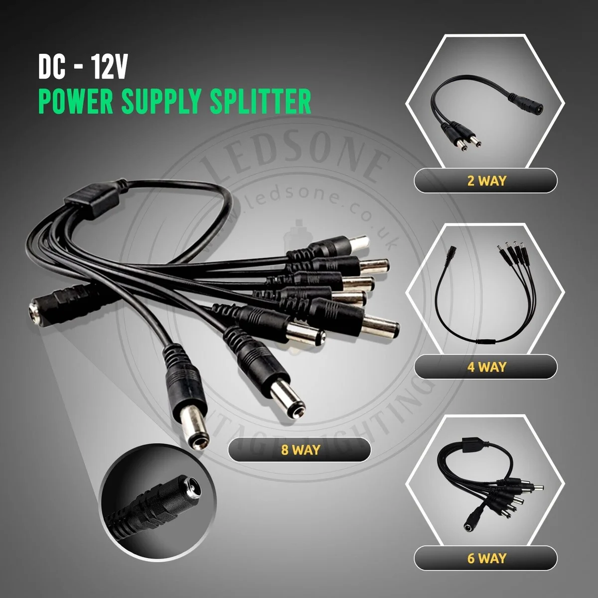 12V power splitter cable with multiple connectors for CCTV cameras and LED strips, black plastic housing, 90cm length