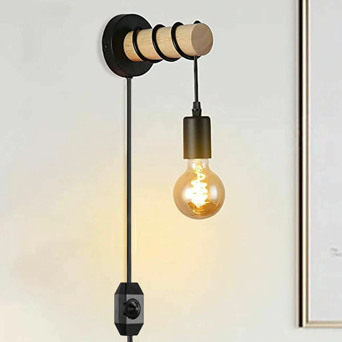 Modern wall light with black metal and wood design, plug-in cord, and vintage industrial style for indoor use